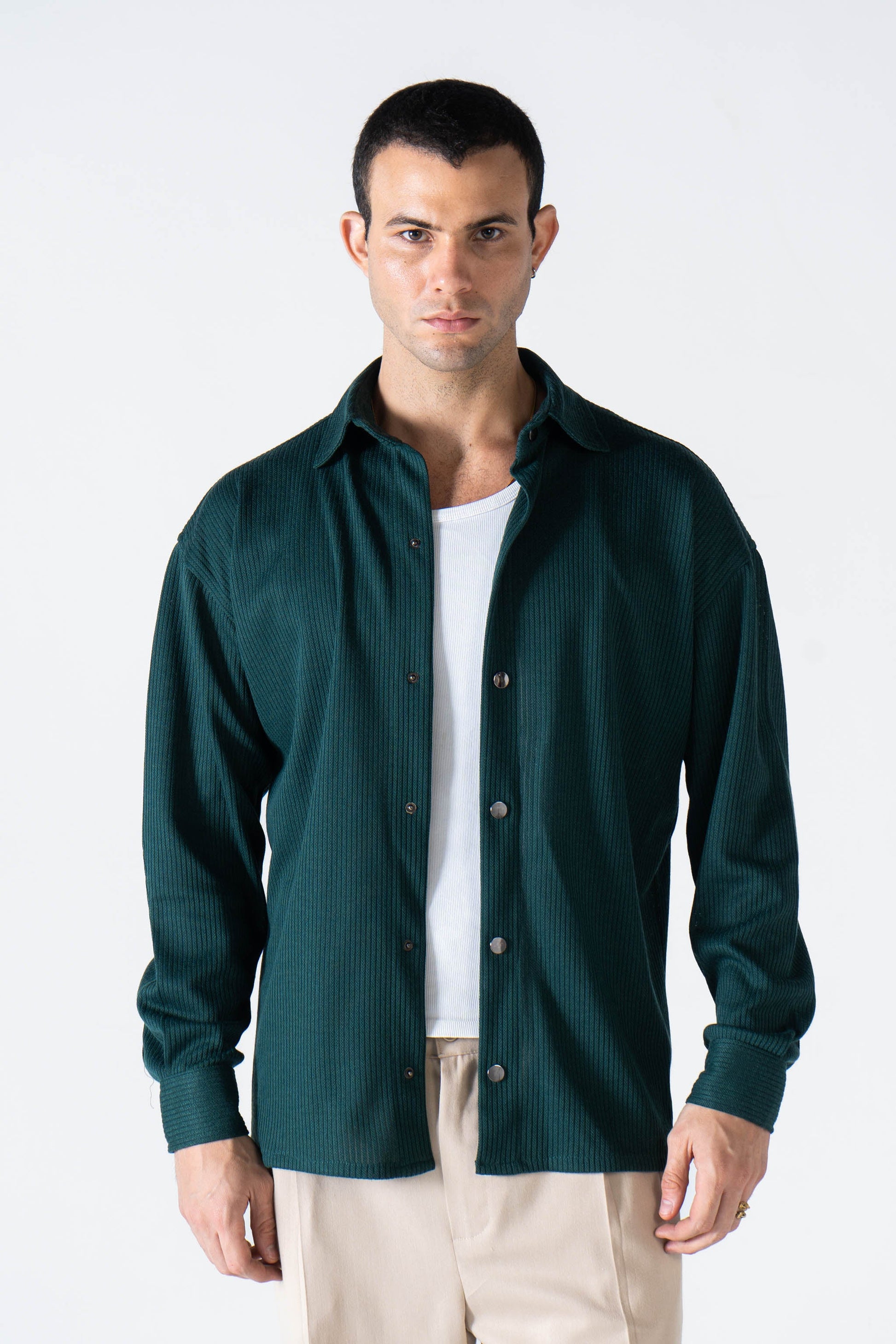 Green Ribbed Long Sleeve Shirt - oddegypt