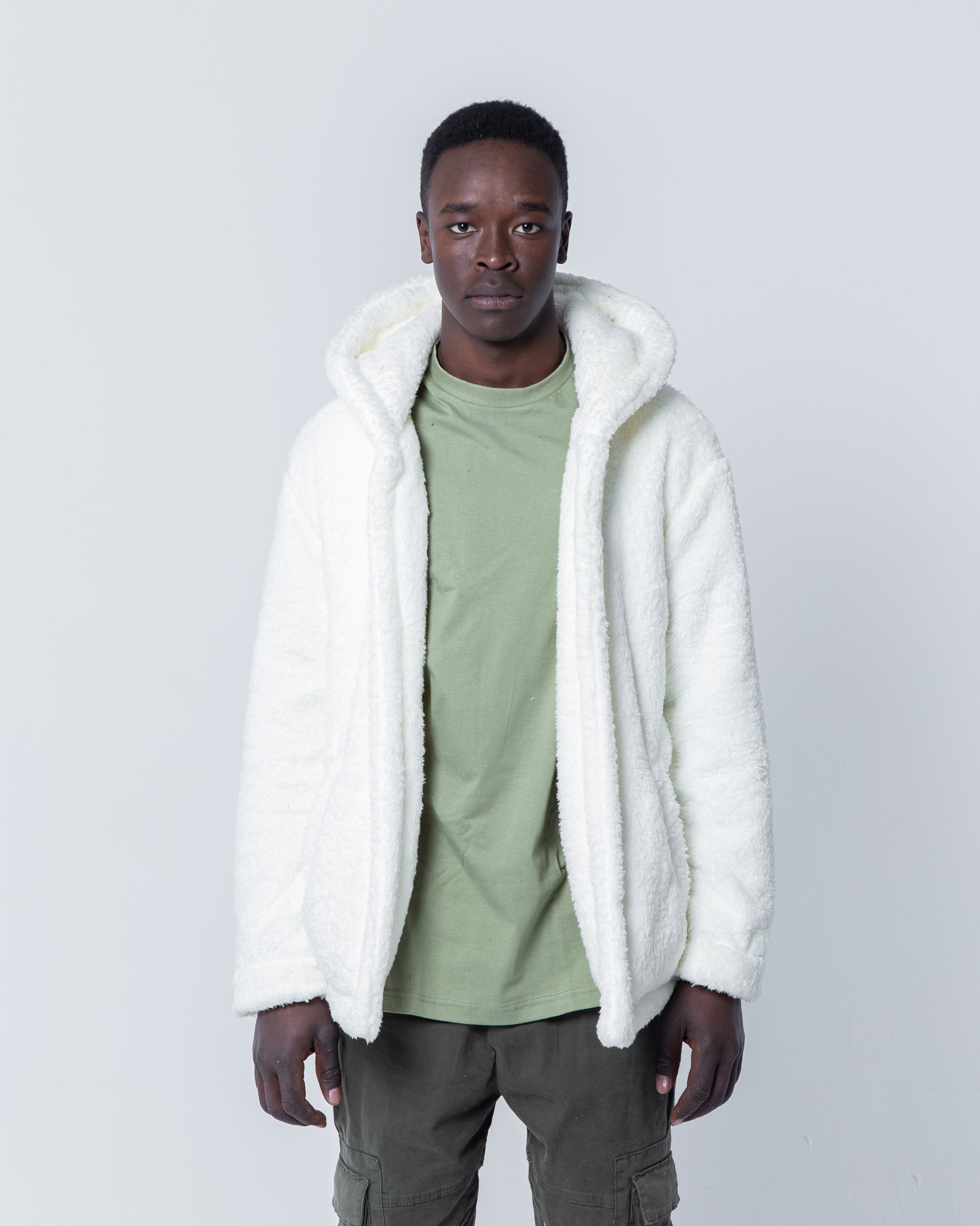 White faux fur hooded on sale jacket